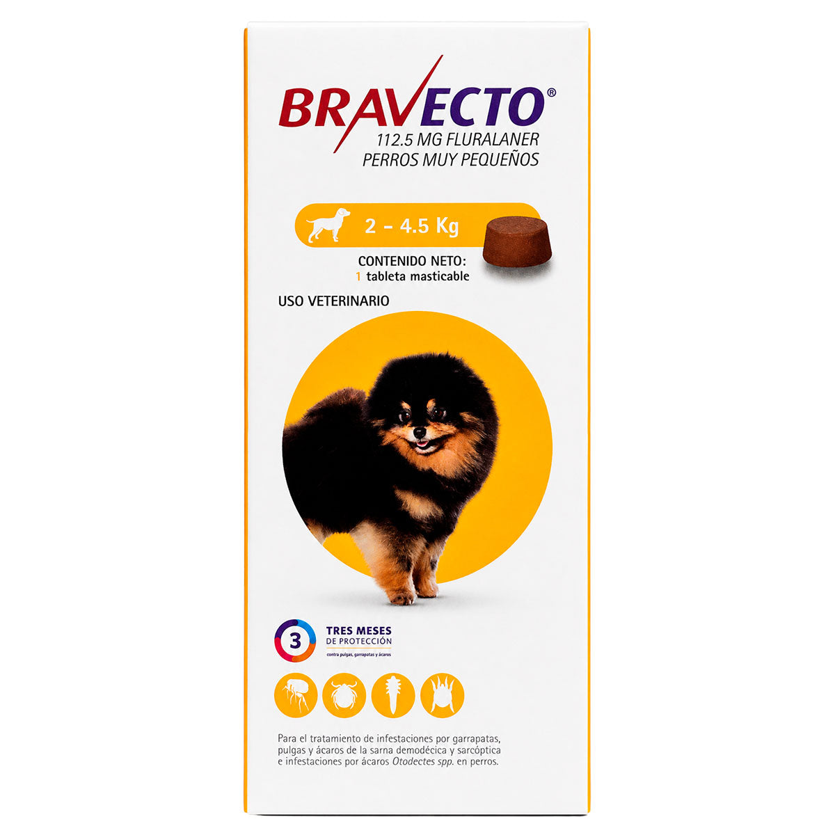 Bravecto 112.5 mg 2 - 4.5 kg - Desparasitante Interno para Perros muy Pequeños - Tableta Masticable 3 Meses de Protección - MSD Salud Animal