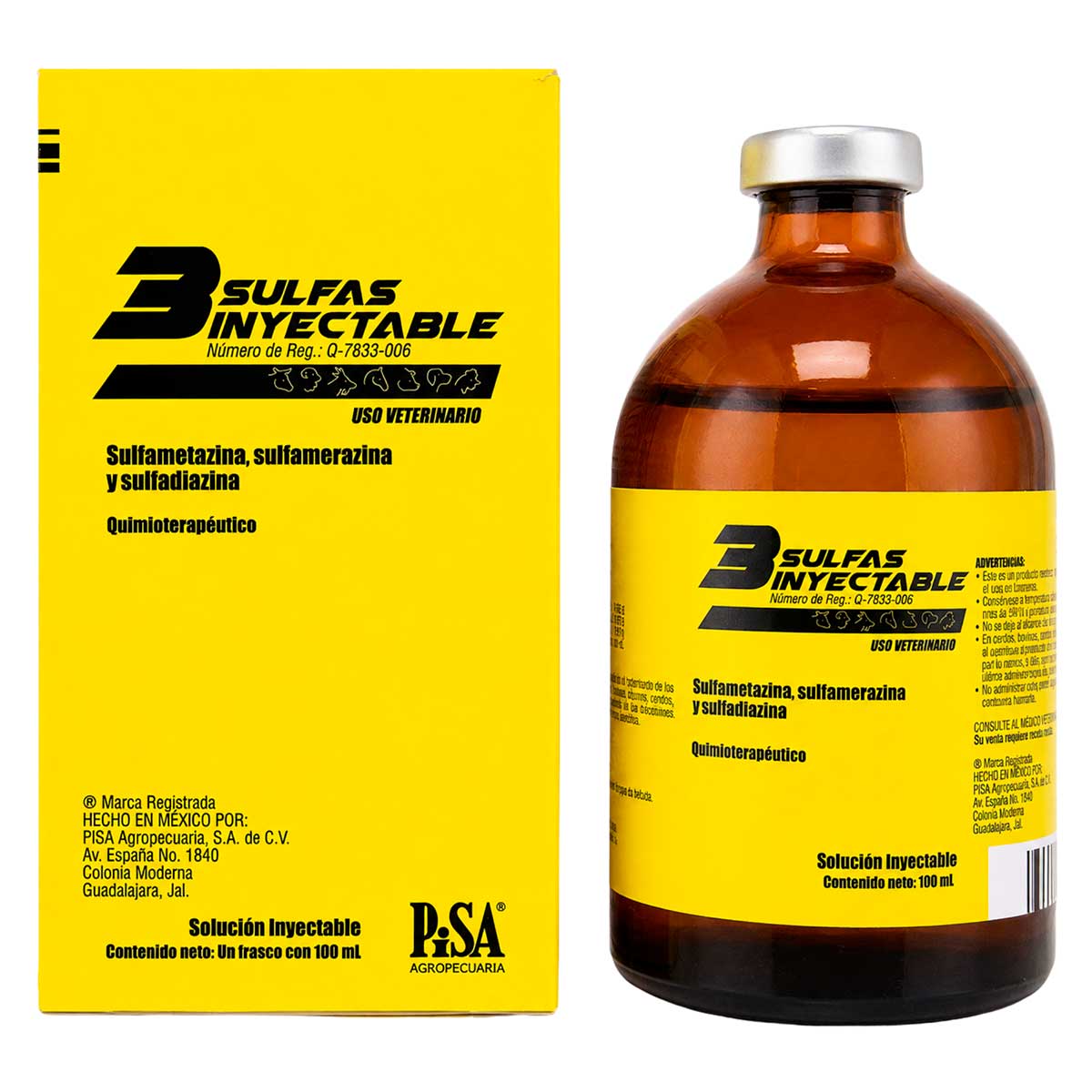 3 Sulfas Inyectable 100 ml - Sulfametazina, Sulfamerazina y Sulfadiazina - Quimioterapéutico Veterinario - PiSA Agropecuaria