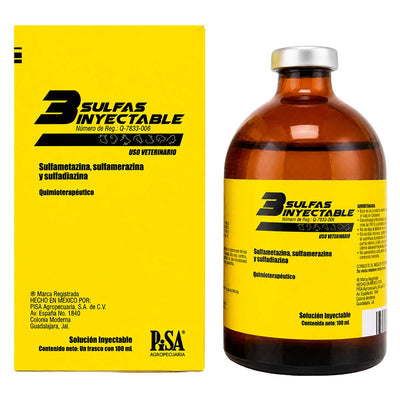 3 Sulfas Inyectable 100 ml - Sulfametazina, Sulfamerazina y Sulfadiazina - Quimioterapéutico Veterinario - PiSA Agropecuaria