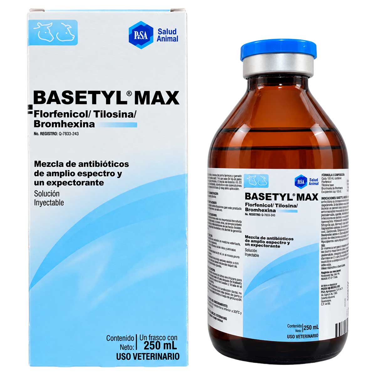 Basetyl Max 250 ml - Antibiótico de Amplio Espectro y Expectorante para Bovinos y Porcinos - Solución Inyectable - PiSA Agropecuaria