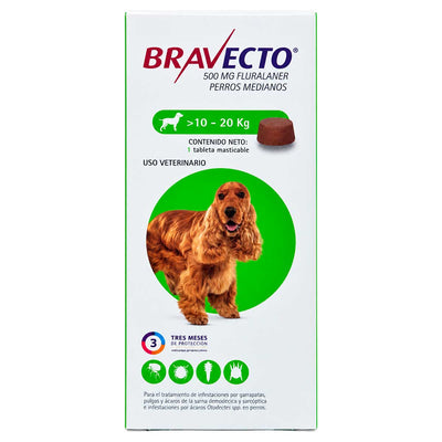 Bravecto 500 mg 10 - 20 kg - Desparasitante Interno para Perros Medianos - Tableta Masticable 3 Meses de Protección - MSD Salud Animal