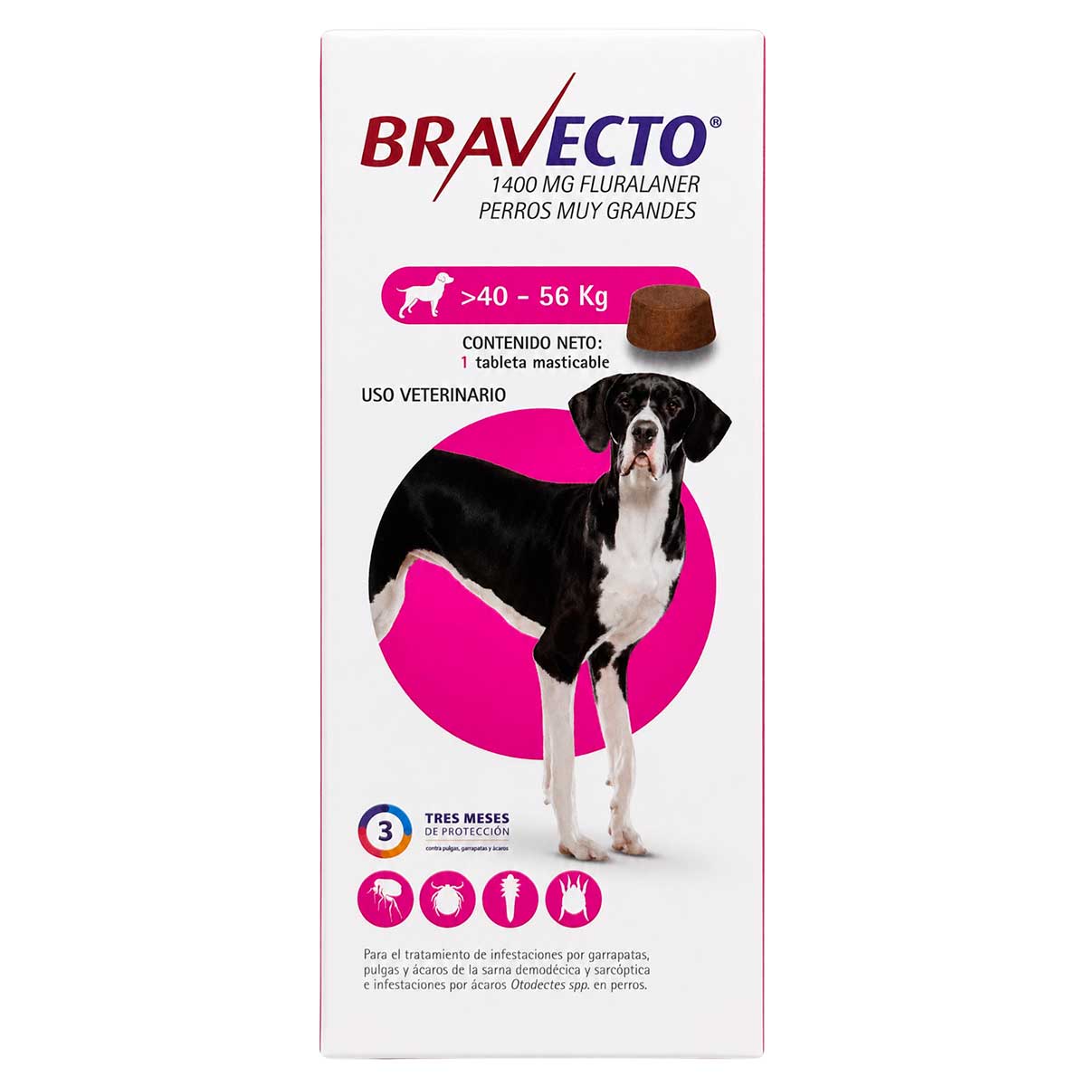 Bravecto 1400 mg 40 - 56 kg - Desparasitante Interno para Perros muy Grandes - Tableta Masticable 3 Meses de Protección - MSD Salud Animal