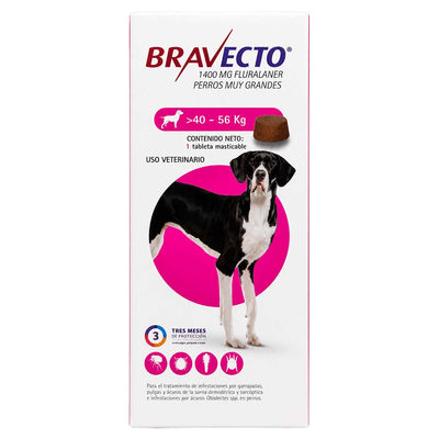 Bravecto 1400 mg 40 - 56 kg - Desparasitante Interno para Perros muy Grandes - Tableta Masticable 3 Meses de Protección - MSD Salud Animal