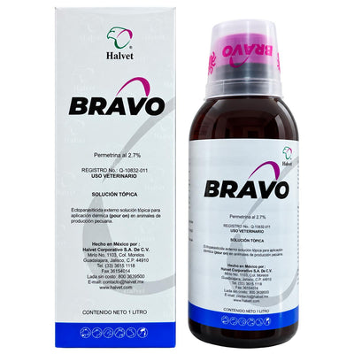 Bravo 2.7% Pour On 1 Litro - Ectoparasiticida Externo para Animales de Producción Pecuaria - Permetrina al 2.7% - Halvet
