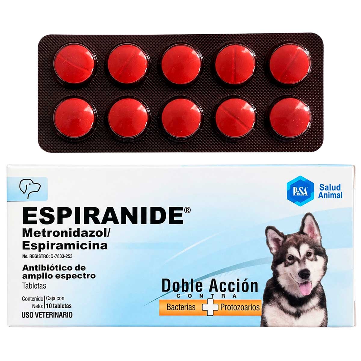 Espiranide Caja con 10 Tabletas - Antibiótico de Amplio Espectro para Perros - Contra Bacterias y Protozoarios - Metronidazol/Espiramicina - PiSA Salud Animal