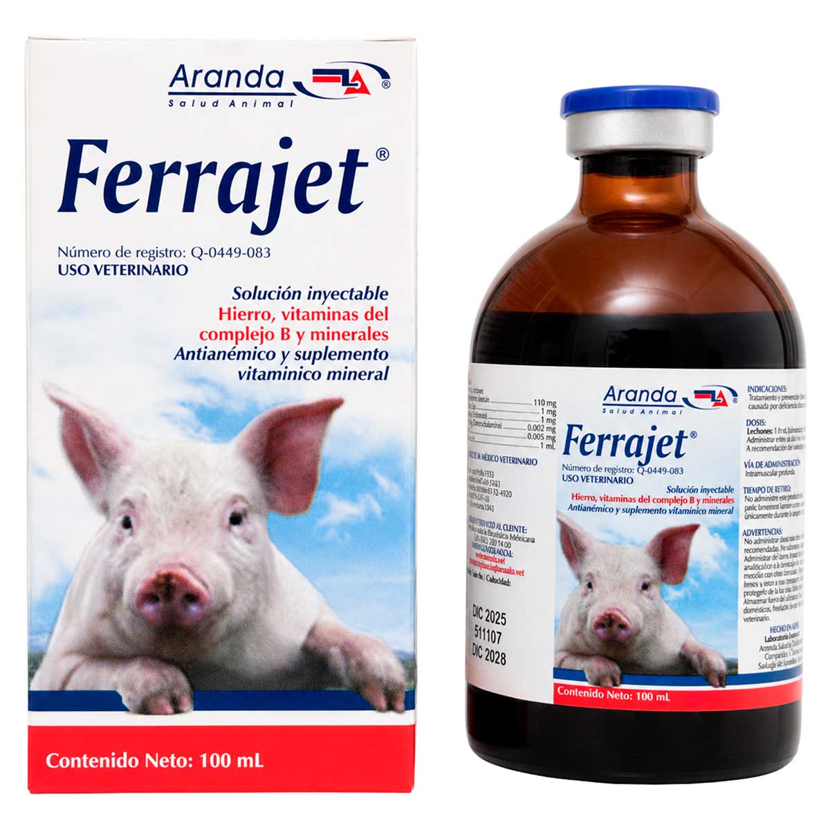 Ferrajet 100 ml - Antianémico y Suplemento Vitamínico Mineral para Lechones - Solución Inyectable - Aranda