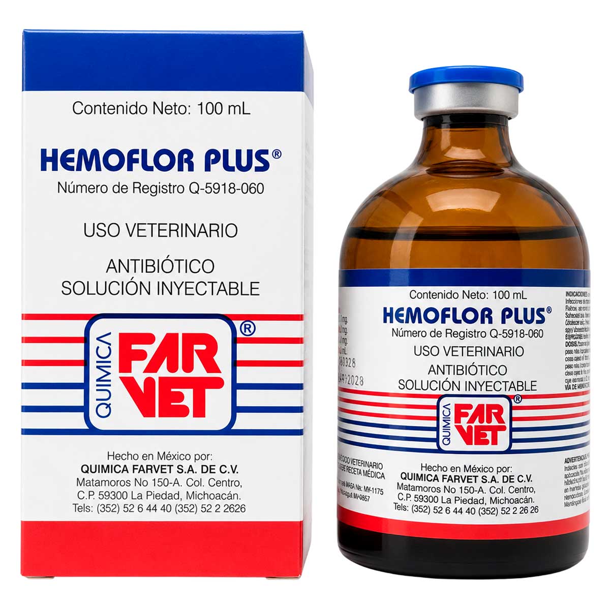 Hemoflor Plus 100 ml - Antibiótico Veterinario - Solución Inyectable - Farvet