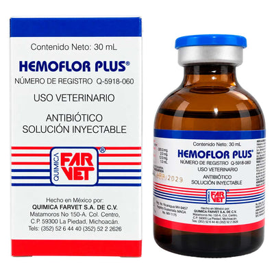 Hemoflor Plus 30 ml - Antibiótico Veterinario - Solución Inyectable - Farvet