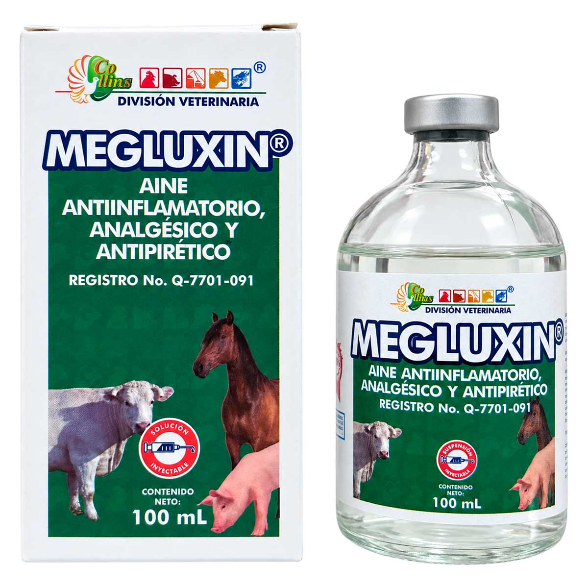 Megluxin 100 ml - Antiinflamatorio, Analgésico y Antipirético - Solución Inyectable - Collins División Veterinaria