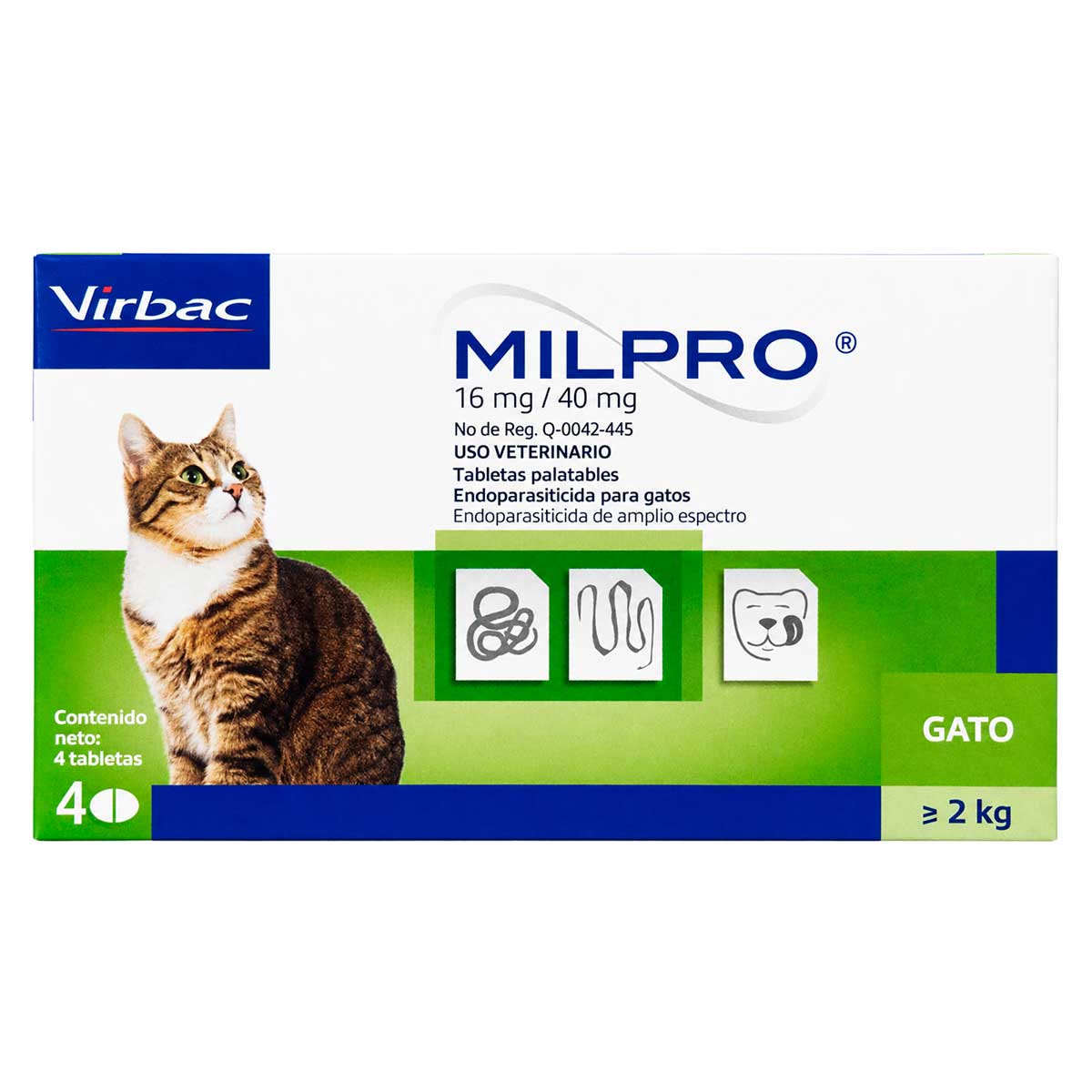 Milpro Gatos 16 mg/40 mg - Desparasitante Interno para Gatos desde 2 kg - Tabletas Palatables - Virbac