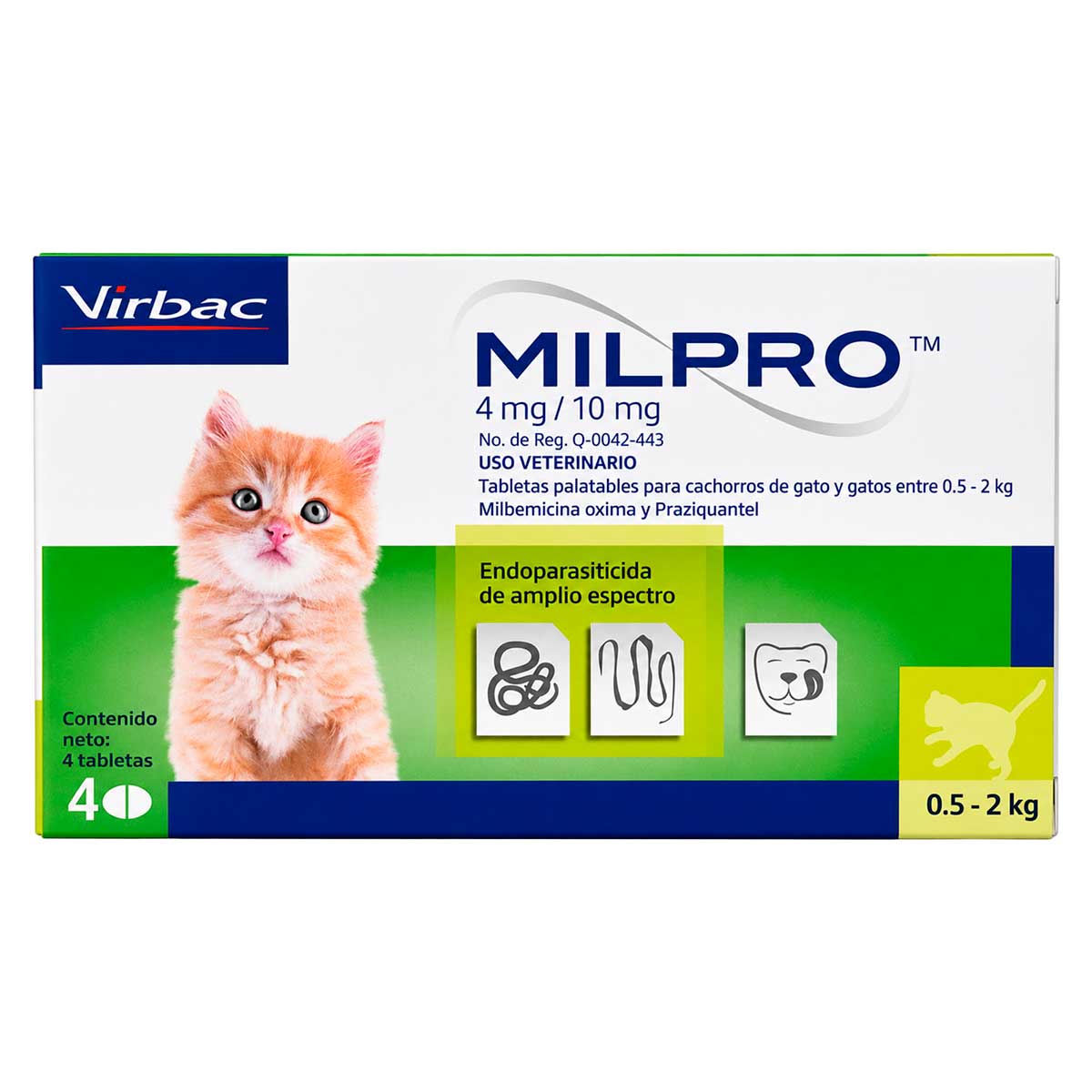 Milpro Gatos 4 mg/10 mg - Desparasitante Interno para Gatos de 0.5 a 2 kg - Tabletas Palatables - Virbac