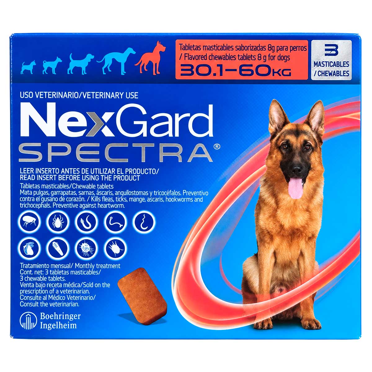 NexGard Spectra 30.1 - 60 kg - Caja con 3 Tabletas Masticables para Perros - Boehringer Ingelheim