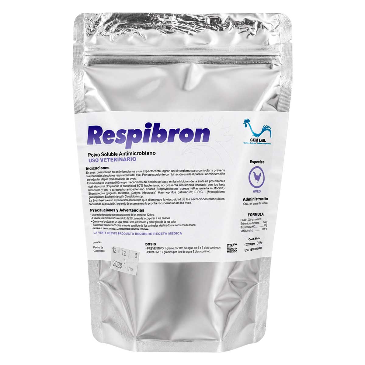 Respibron 250 g - Antibiótico y Expectorante para Aves - Polvo Soluble - Gem Lab